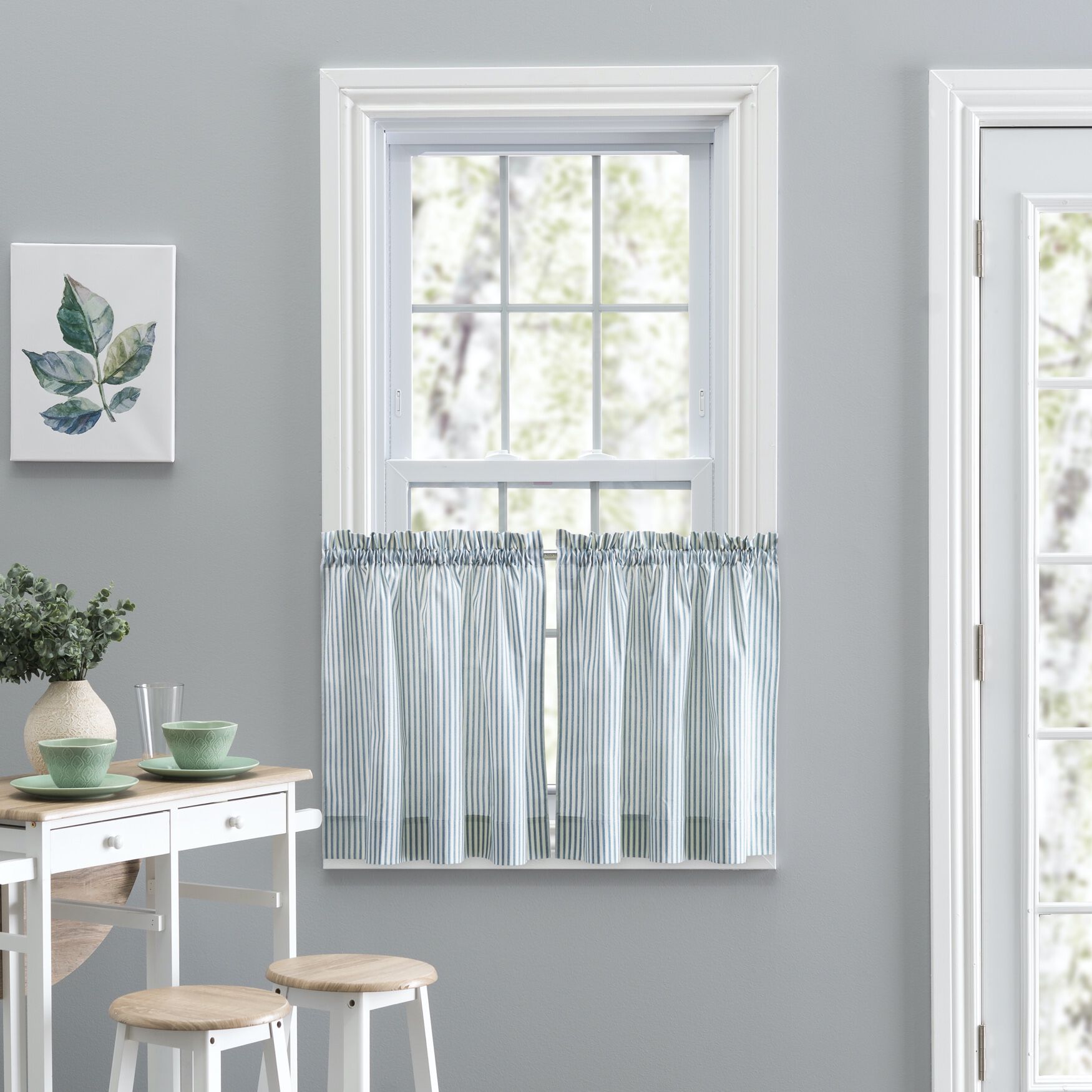 Plaza Stripe Tailored Tier Curtain Pair, BLUE, hi-res image number 0