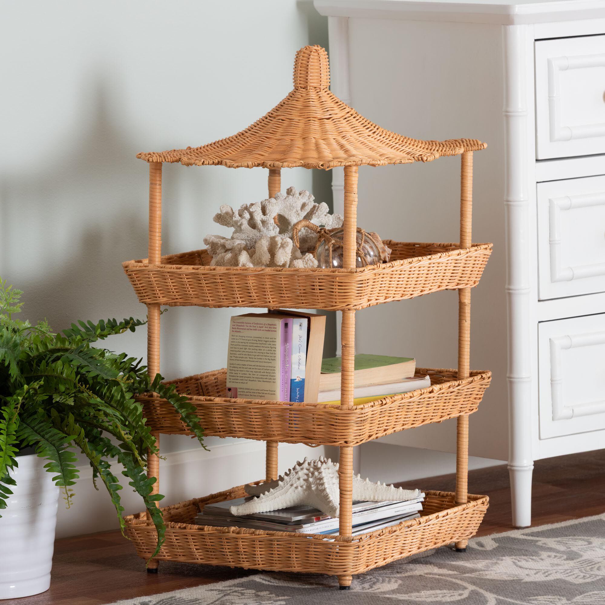 Asante Natural Rattan 3-Tier Display Shelf with Pagoda Top, HONEY, alternate image number 6