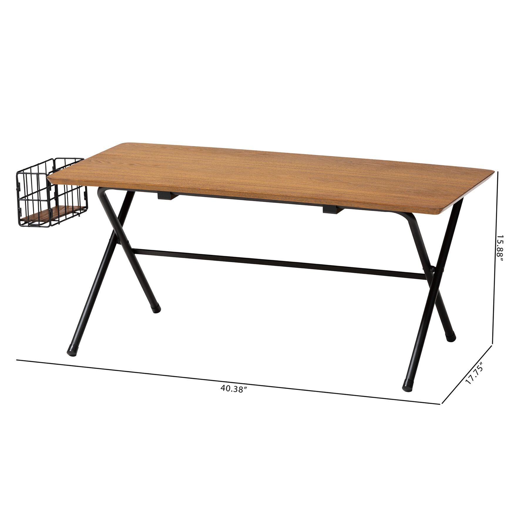 Coffee table with natural brown wood top and black metal frame, showing dimensions of 40.38 inches in length and 15.88 inches in height.
