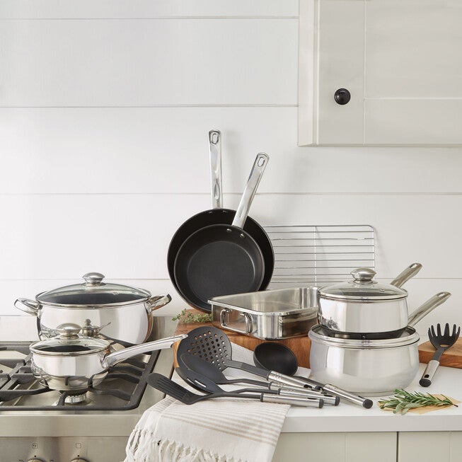 18-Pc. Belly Shaped 18/10 Stainless Steel Cookware Set, STAINLESS, hi-res image number 0