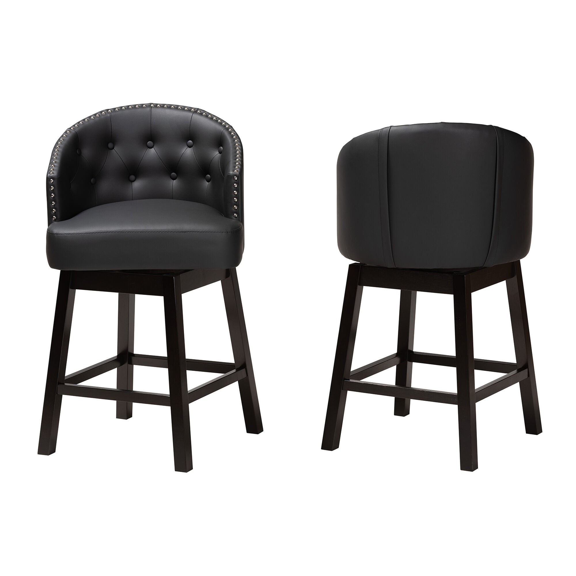 Theron Mid-Century Transitional Black Faux Leather and Espresso Brown Finished Wood 2-Piece Swivel Counter Stool Set, BROWN, alternate image number 3