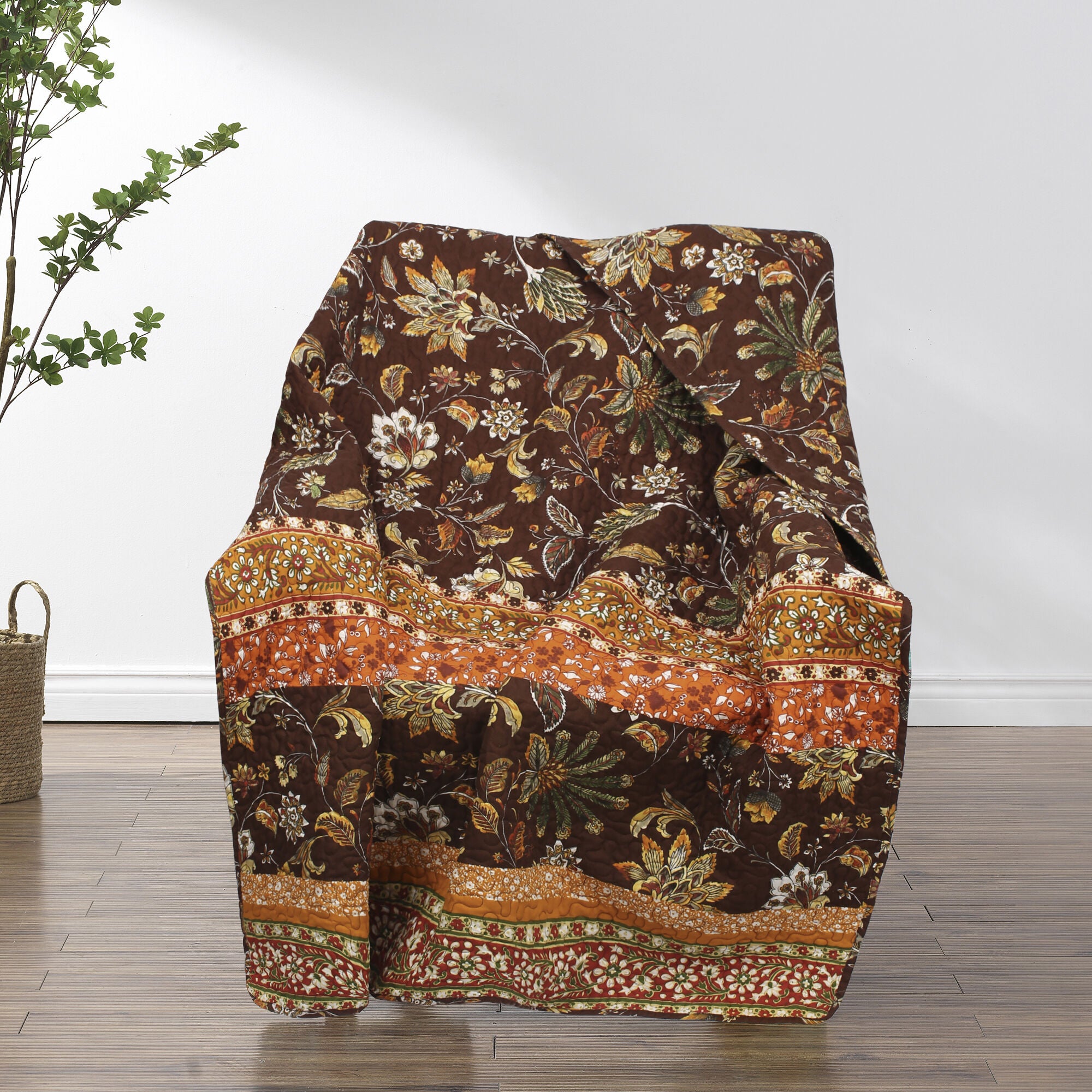 Audrey Boho Botanical Quilted Throw Blanket, Chocolate, CHOCOLATE, hi-res image number 0