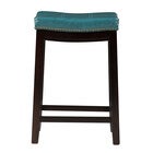 Crowell blue counter stool showing dark wood frame and legs