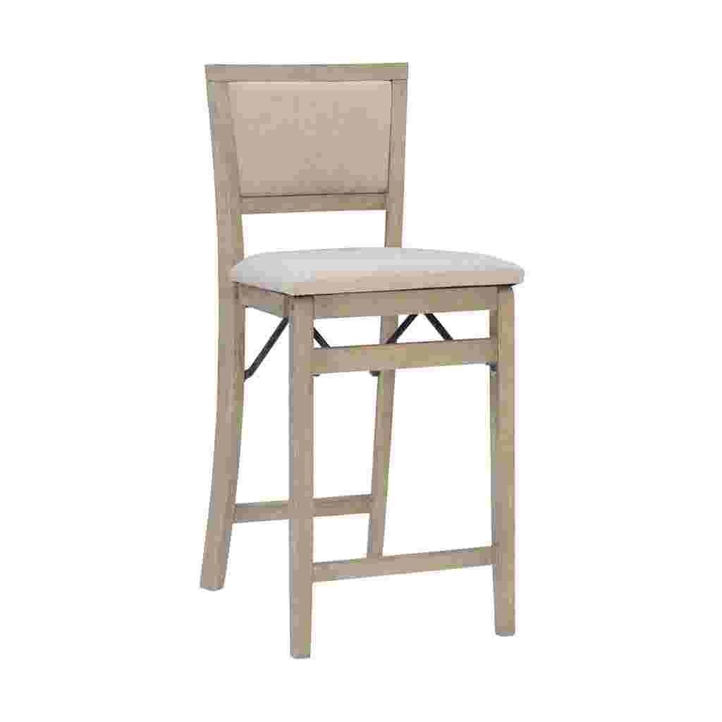 Grey wash folding counter stool with beige cushioned seat and back