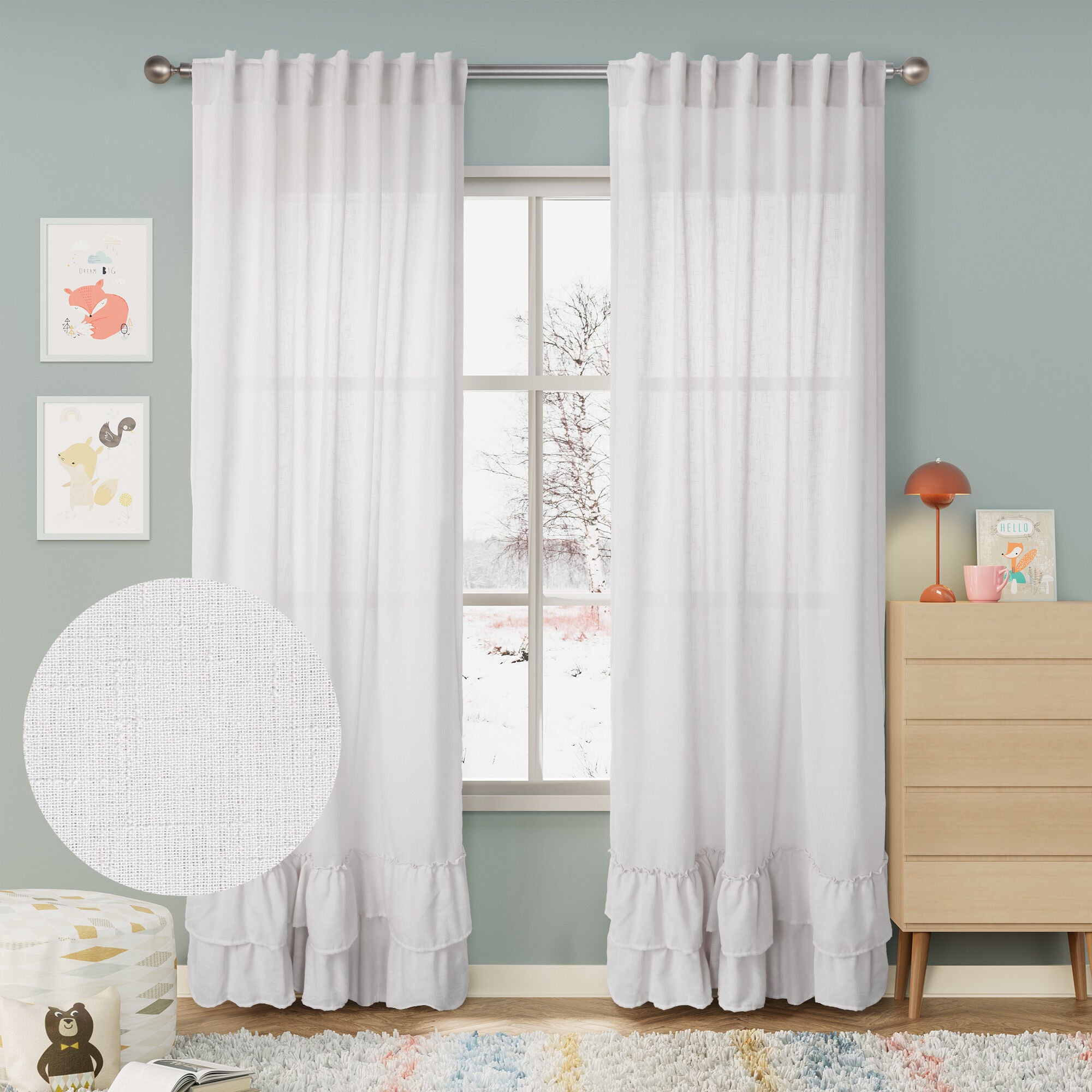 Linen Texture Double Ruffle Back Tab Curtain Pair, WHITE, hi-res image number 0