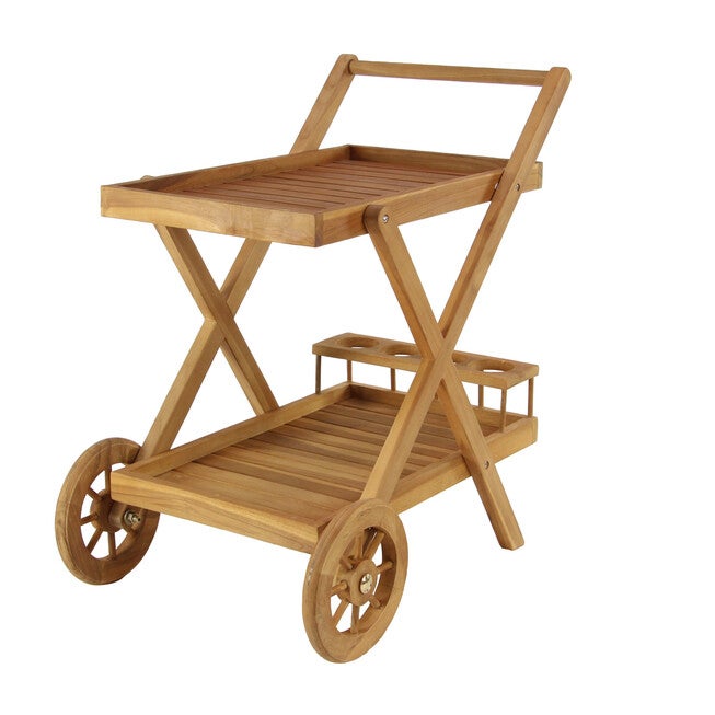 Brown Teak Wood Traditional Rolling Serving Cart, BROWN, hi-res image number 0