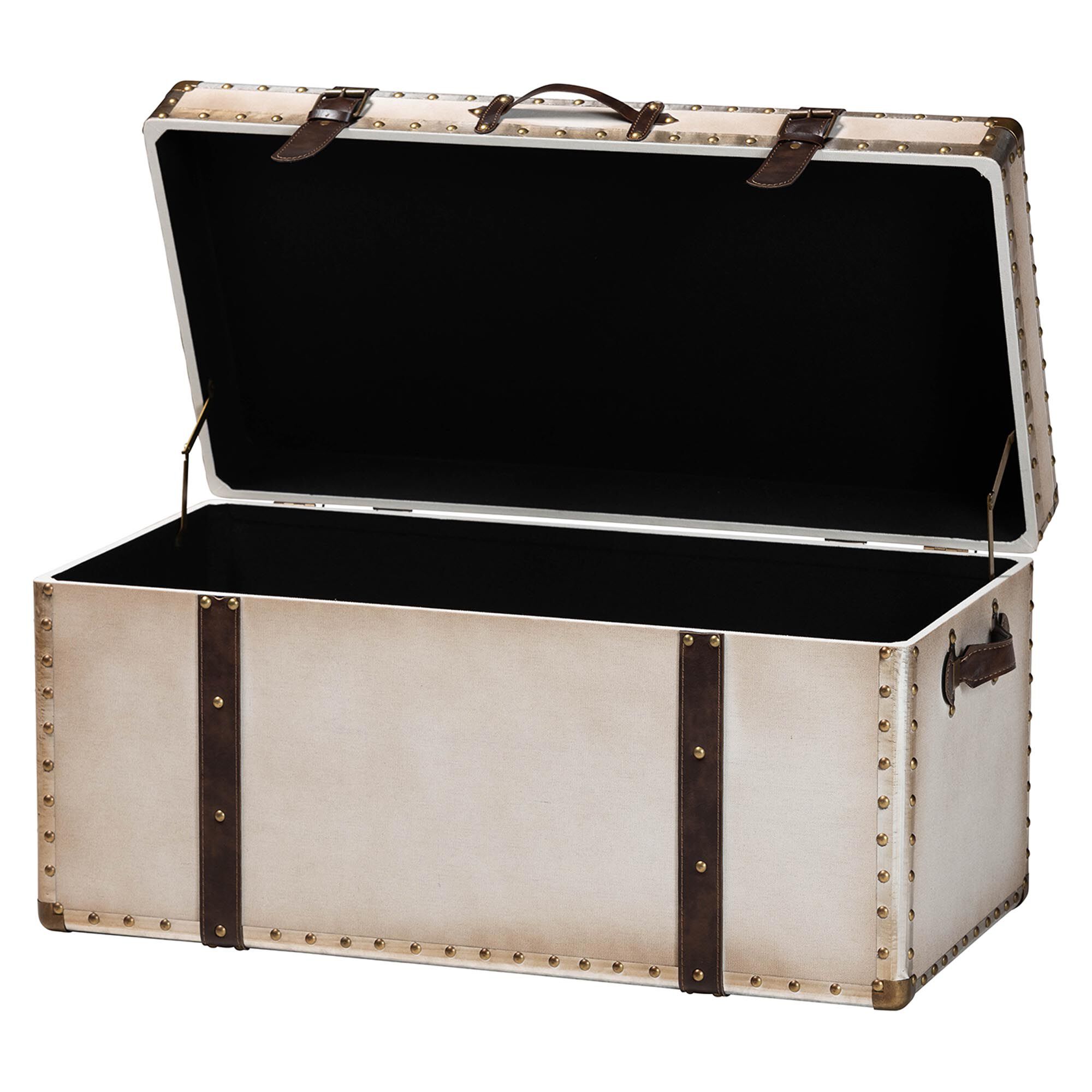 Nevio Vintage Weathered White Canvas Storage Trunk, BEIGE, alternate image number 2
