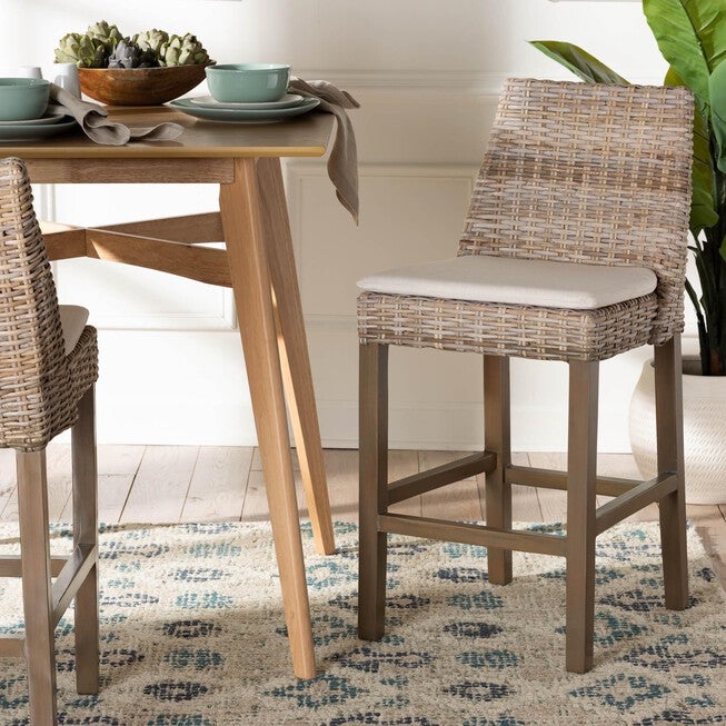Toby Modern Bohemian Grey Kubu Rattan And Rustic Taupe Finished Mahogany Wood Counter Stool, , alternate image number 6