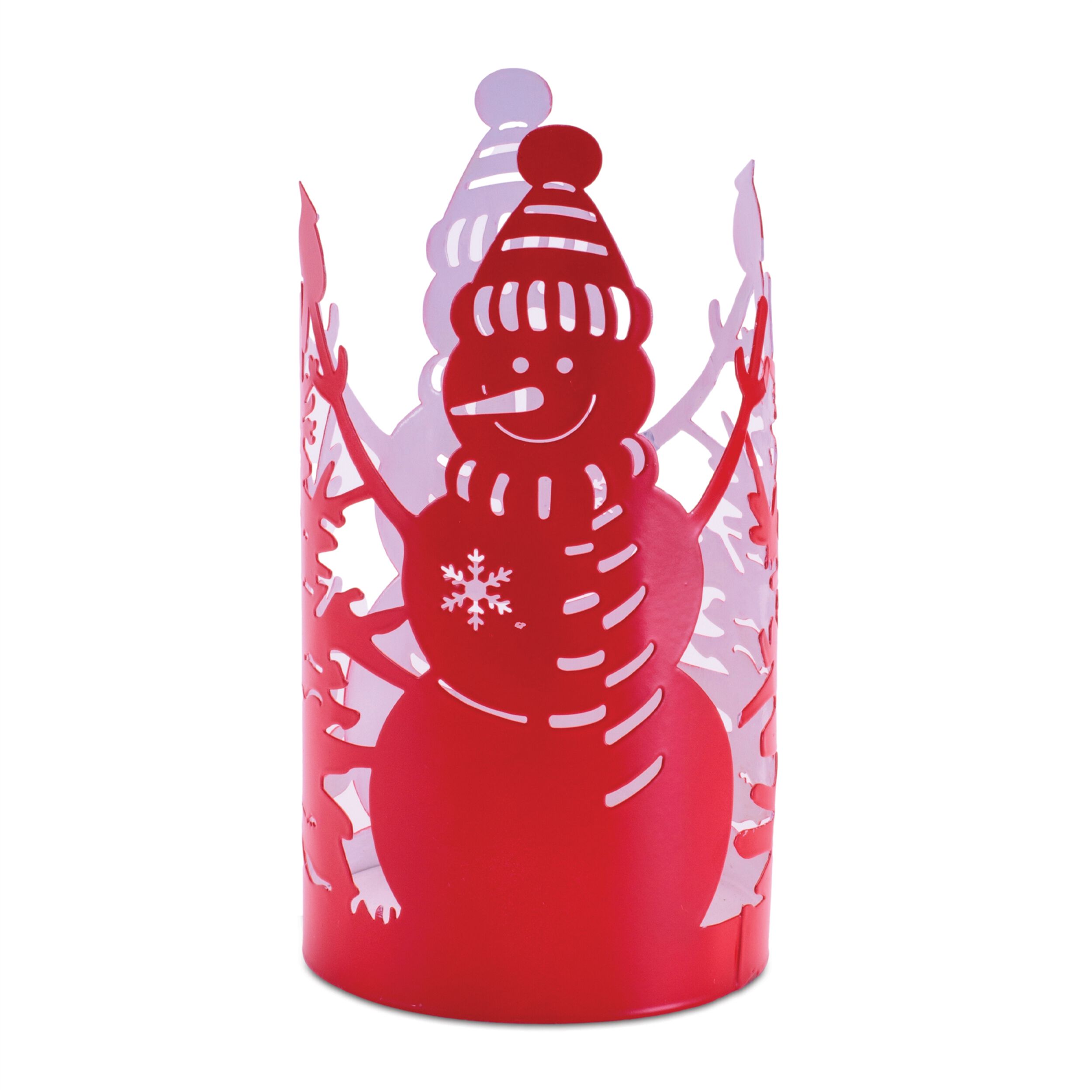 Cut Metal Snowman Candle Holder 8 inchesH, RED WHITE, hi-res image number 0