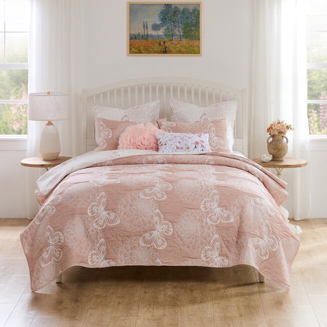 Mariposa Reversible Matelassé Blossom and Butterflies Coverelet Set, PINK, alternate image number 3