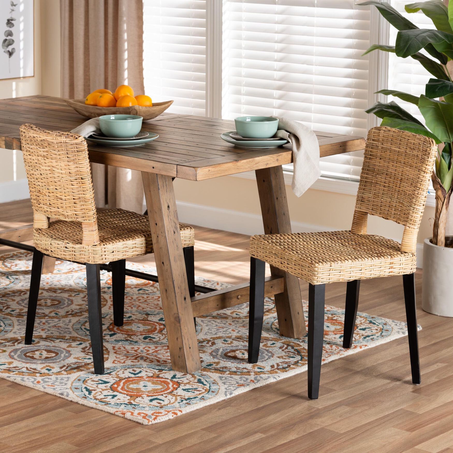 Dermot Modern Bohemian Dark Brown Finished Wood And Natural Rattan 2-Piece Dining Chair Set, , alternate image number 6