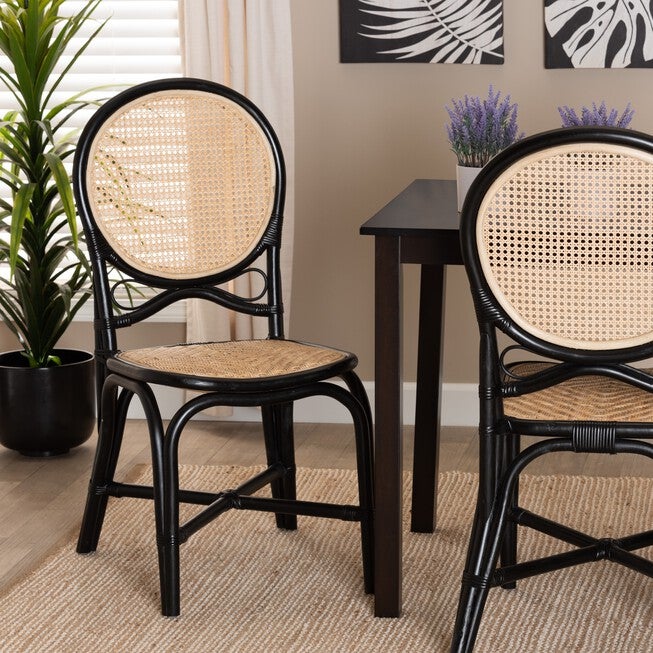 Ayana Mid-Century Modern Two-Tone Black And Natural Brown Rattan Dining Chair, , alternate image number null