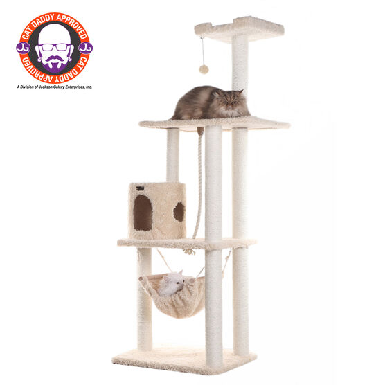 Real Wood 70" Ultra Thick Faux Fur Covered Cat Condo House, BEIGE, hi-res image number null