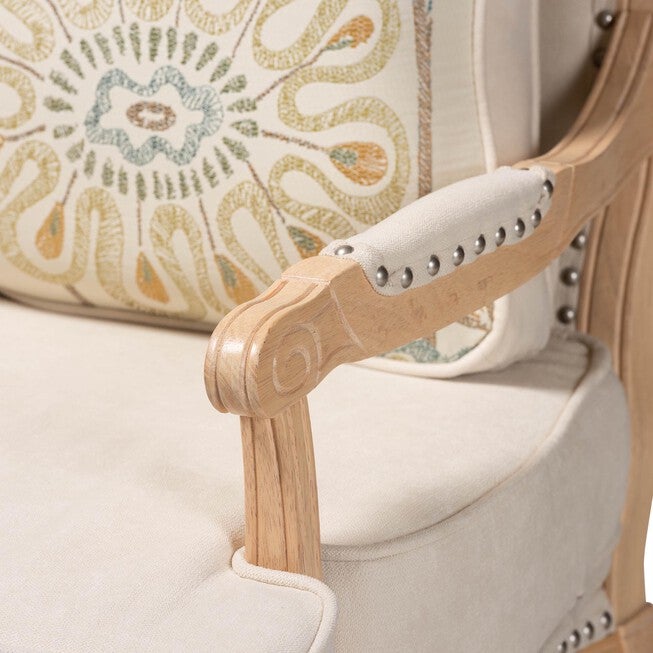Andre Traditional French Quilted Fabric And Whitewash Finished Wood Accent Chair, , alternate image number null
