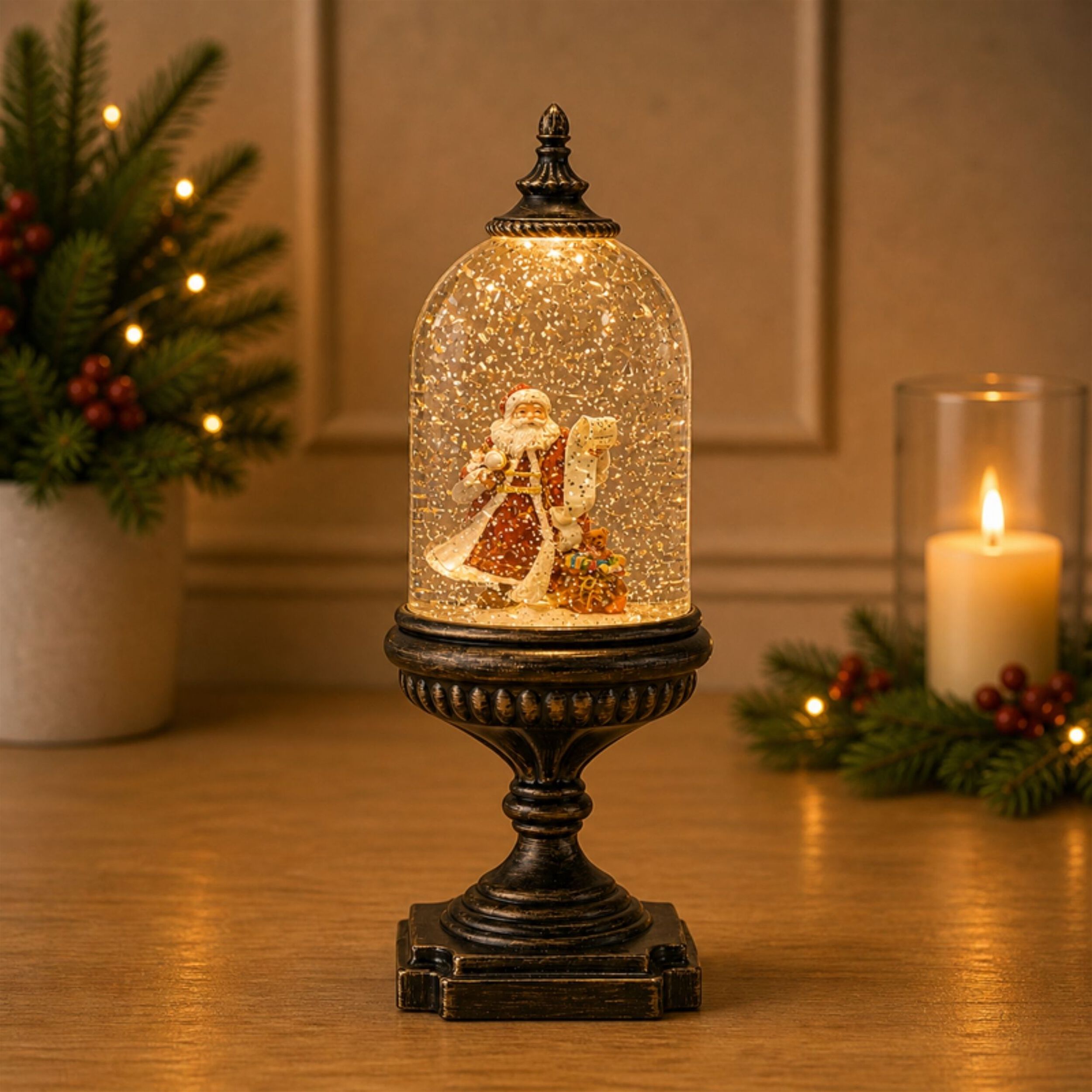 LED Snow Globe with Santa and Toy Bag 12.5 inchesH, BRONZE RED, alternate image number 3