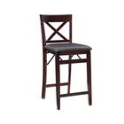 Bar stool with cross-back chair design and cushioned seat, full height.