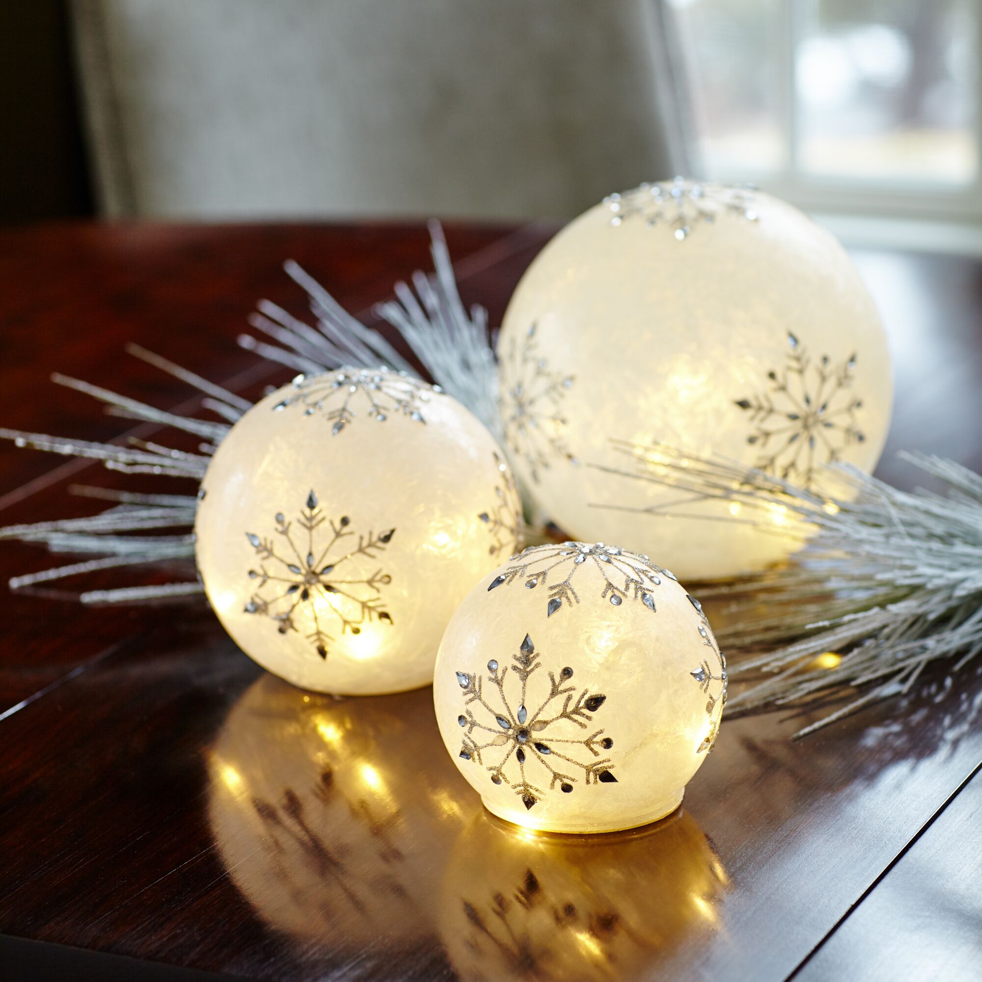 LED Frosted Snowflake Jewel Globe (Set of 3), WHITE SILVER, alternate image number 2