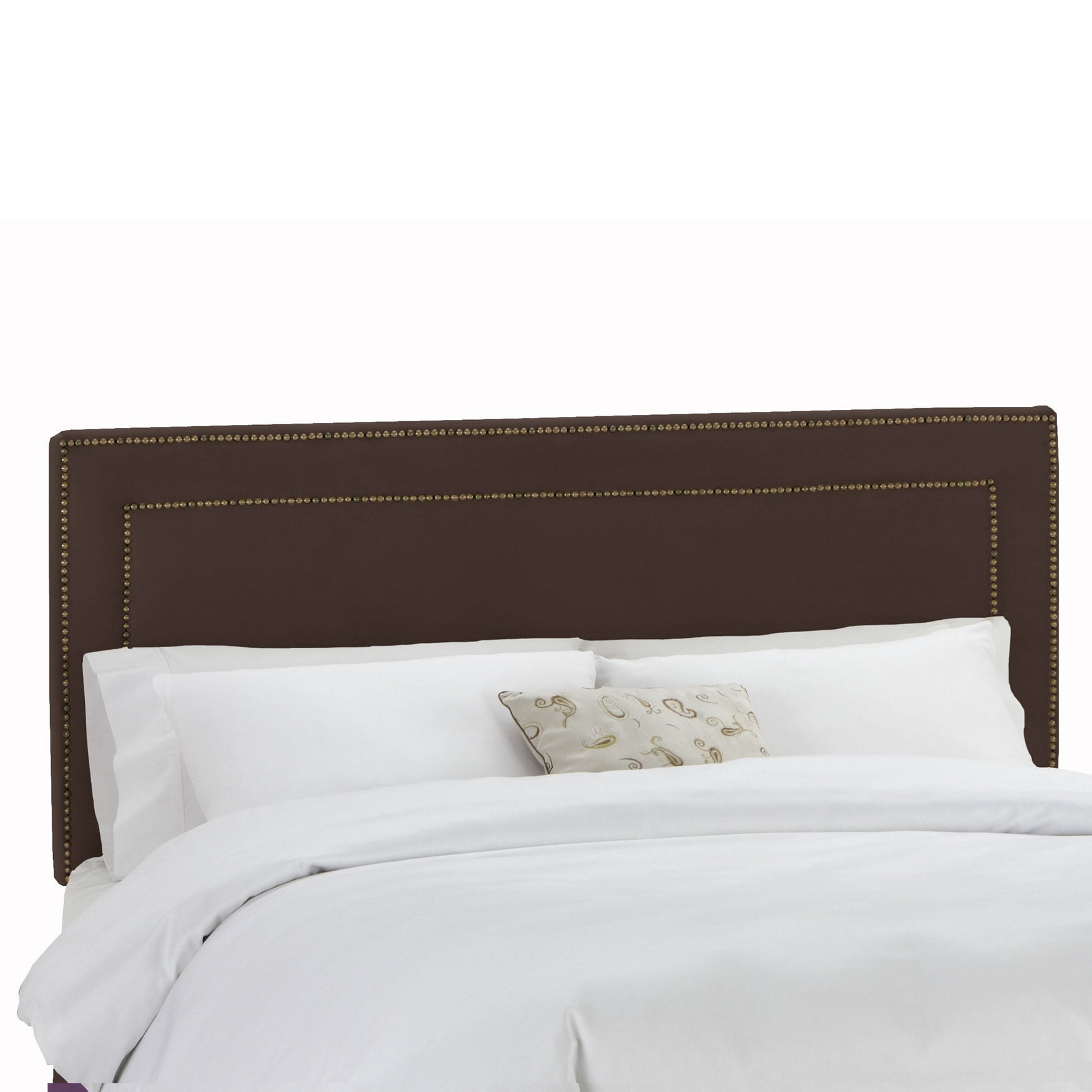 Velvet with Brass Nailhead Trim Queen Headboard, CHOCOLATE, hi-res image number 0