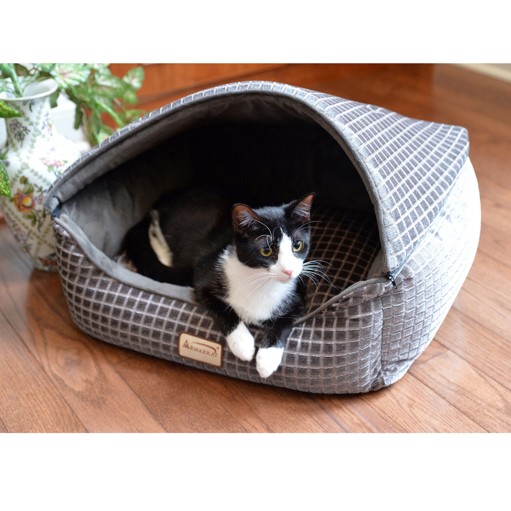 Cuddle Cave Cat Bed With Detachable & Collasible Zipper Top, Removable Cushion Mat, Bronze & Silver, , alternate image number 2