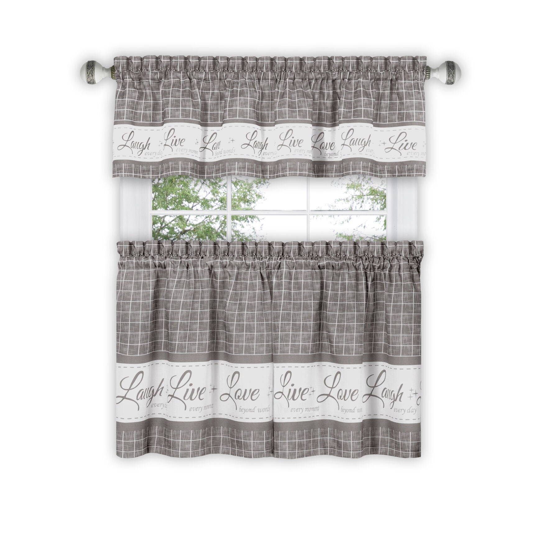 Live, Love, Laugh Window Curtain Tier Pair and Valance Set - 58x24, GREY, hi-res image number 0