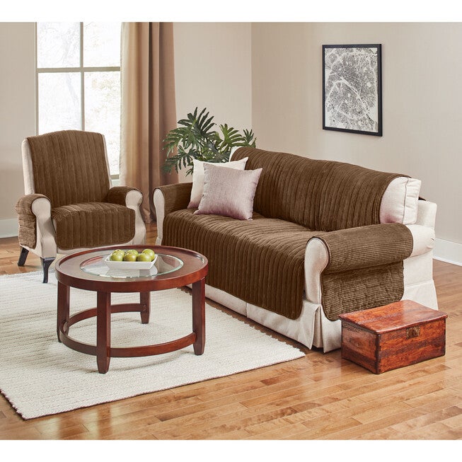Sofa Reversible Plush Stripe Furniture Protector, CHOCOLATE, hi-res image number 0
