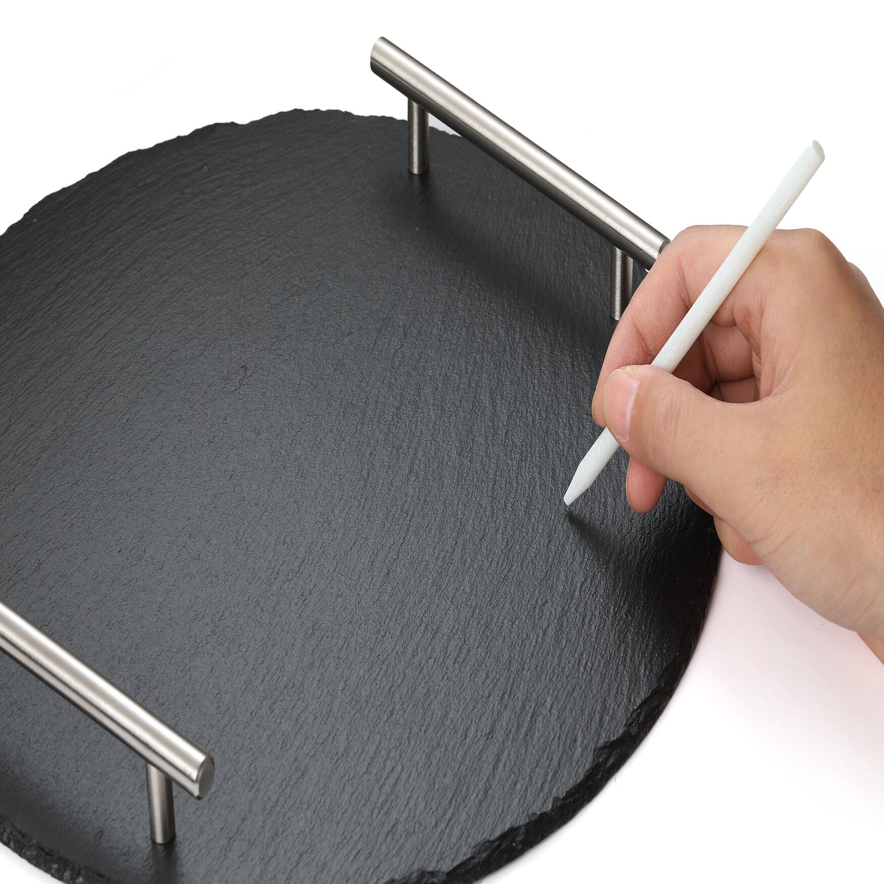 Rounde Slate Stone Serving Tray With Stainless Steel Handkles - Kit, , alternate image number 2