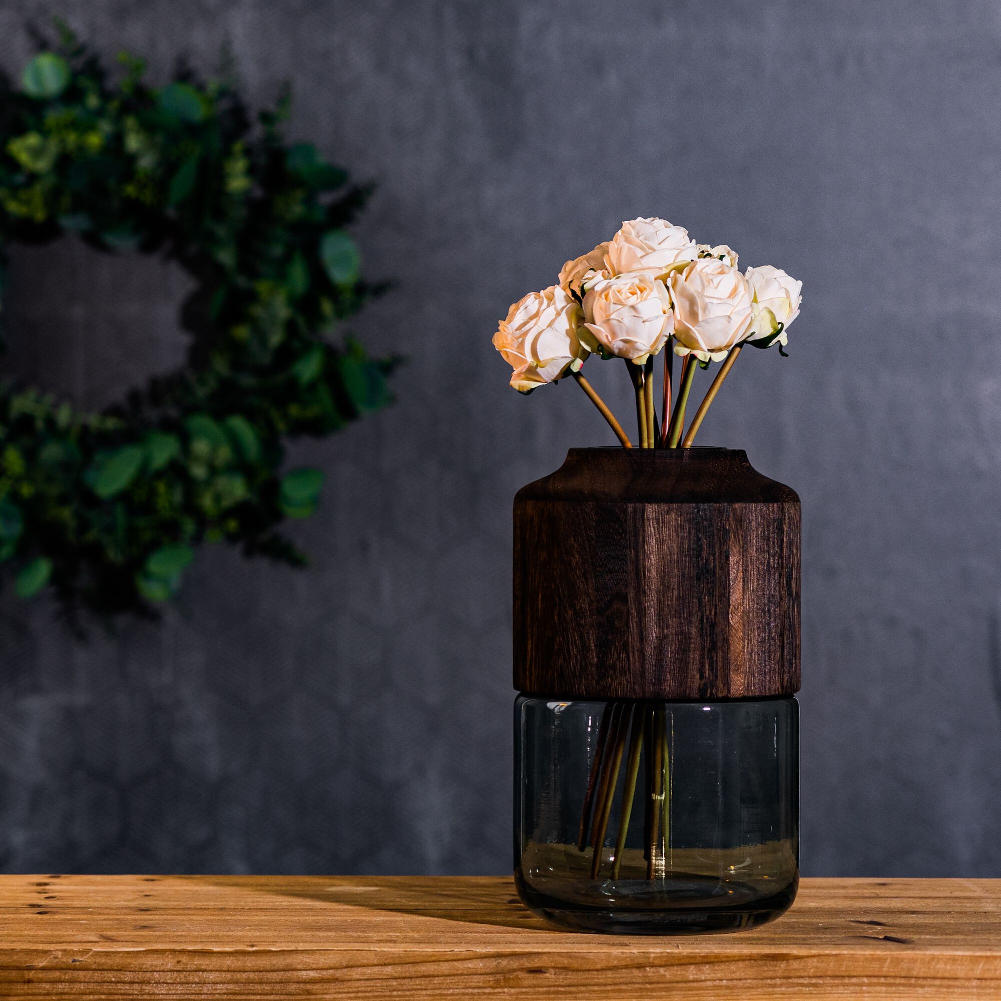 Sage Glass Vase with Wood Accent 11 inchesH, GREEN/BROWN, alternate image number 1