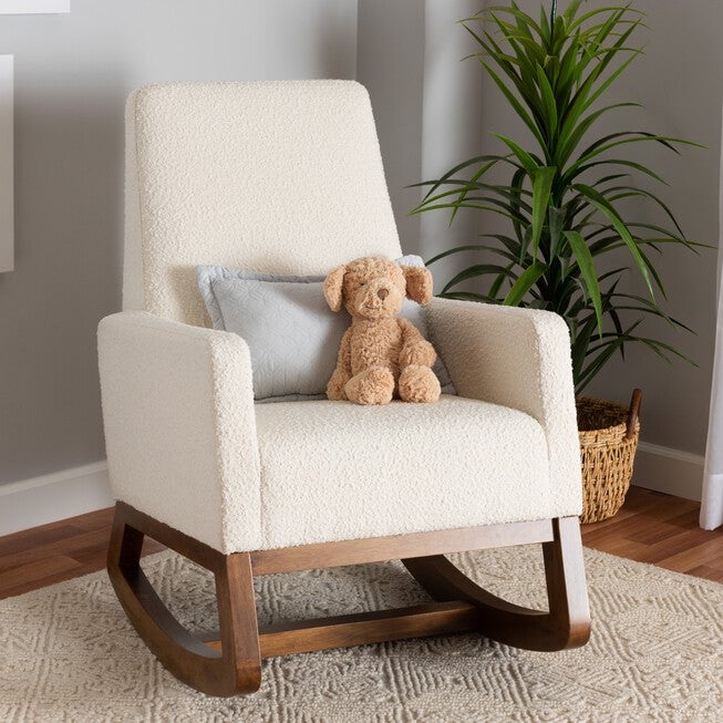 Yashiya Mid-Century Modern Off-White Boucle Upholstered And Walnut Brown Finished Wood Rocking Chair, , alternate image number null
