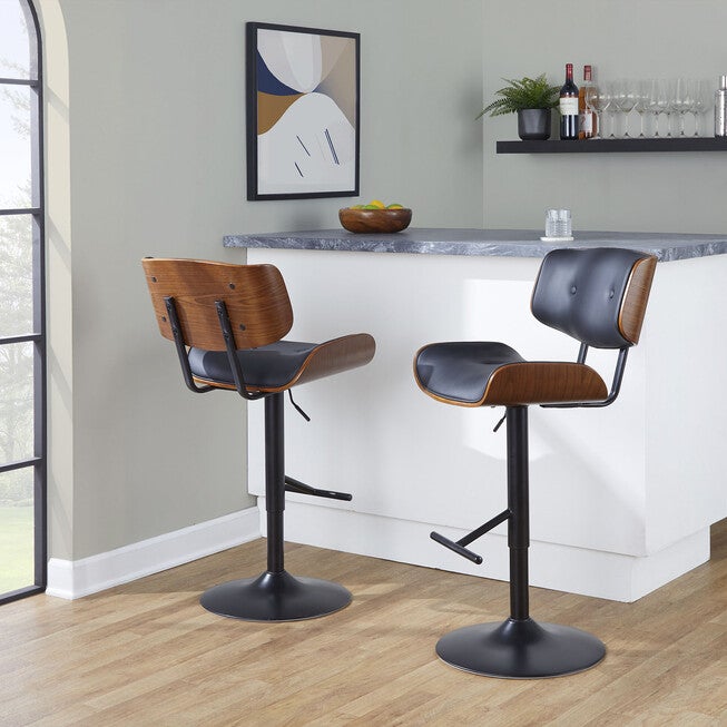 Lombardi Mid-Century Modern Adjustable Barstool In Walnut With Faux Leather Upholstery, , alternate image number null