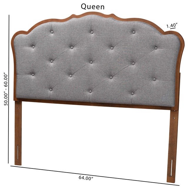 Leandra Classic And Traditional Grey Fabric And Walnut Brown Finished Wood Queen Size Headboard, , alternate image number null