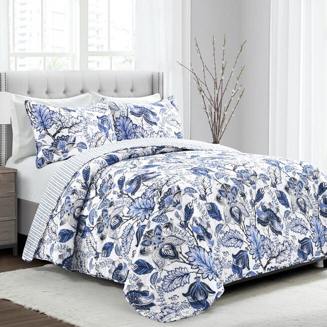 Lush Décor Cynthia Jacobean Quilt Blue 3Pc Set, BLUE, hi-res image number null