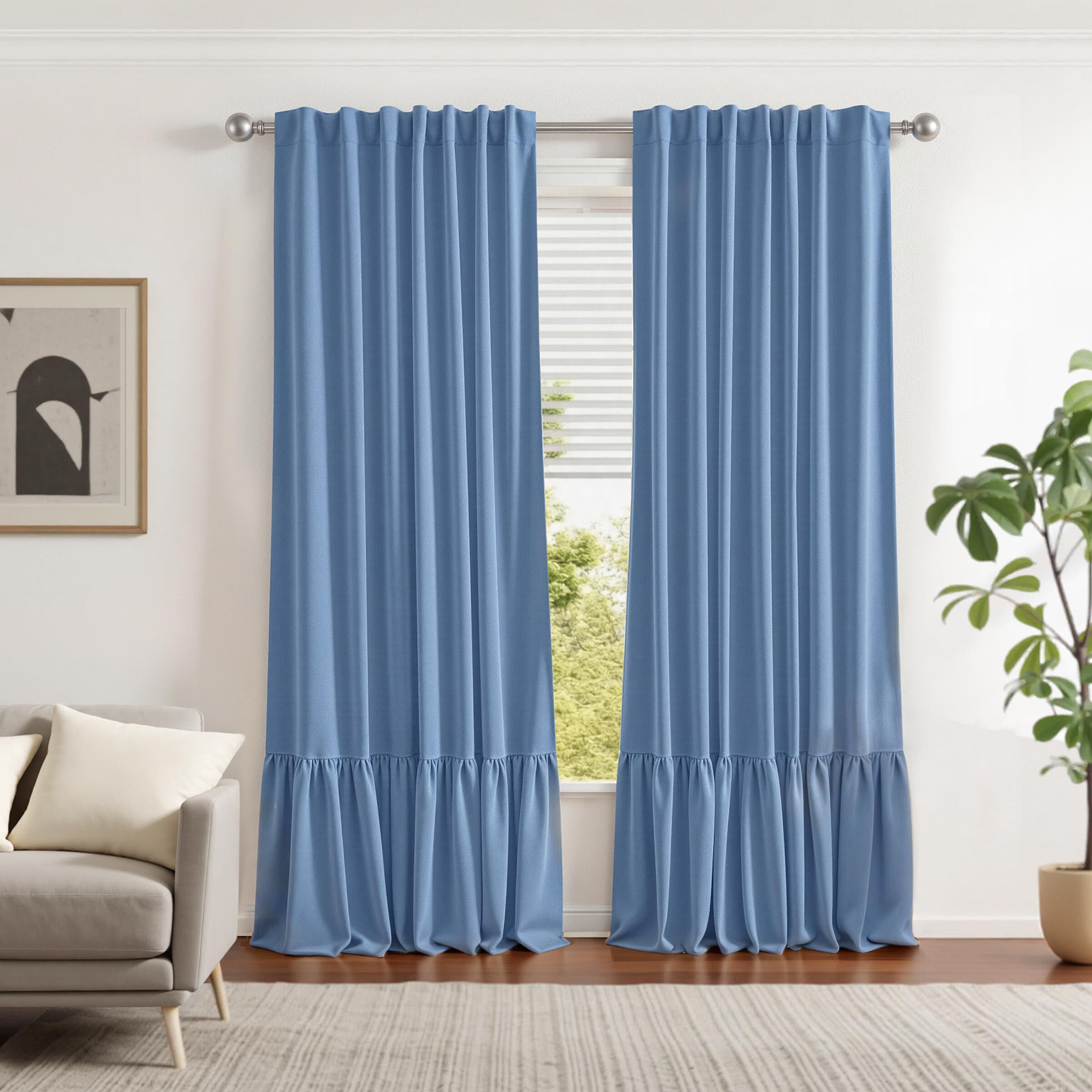 100% Blackout Recycled Cotton Ruffle Curtain Pair, BLUE, alternate image number 5
