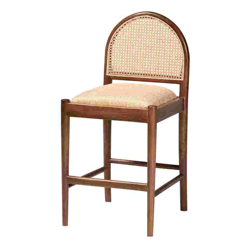 A wooden counter stool with a woven cane back and seat, shown against a white background.