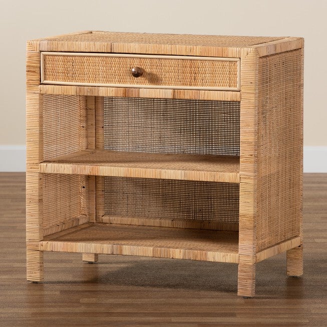Bella Modern Bohemian Natural Brown Mahogany Wood And Natural Rattan 1-Drawer Console Table, , alternate image number null