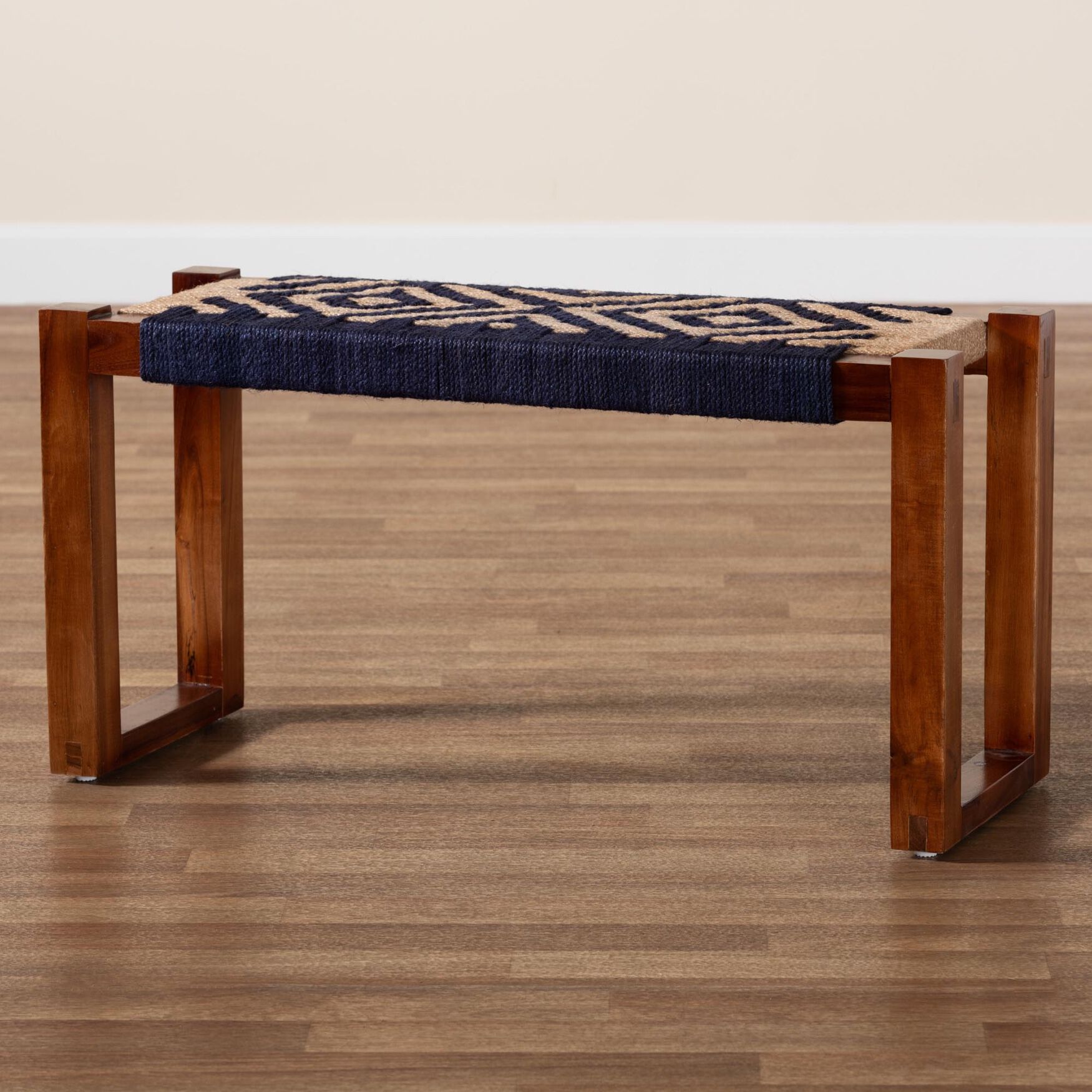 Prunella Modern Bohemian Two-Tone Navy Blue and Natural Brown Seagrass and Acacia Wood Accent Bench, , alternate image number 12