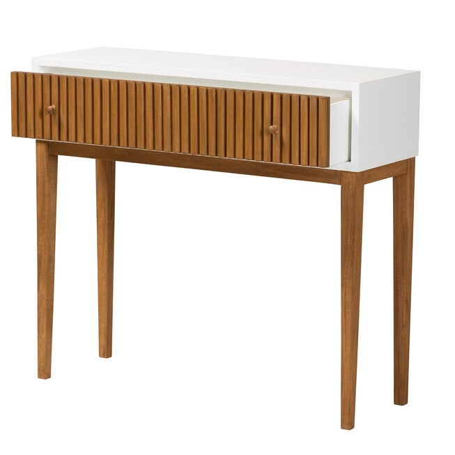 Odile Mid-Century Modern Two-Tone Natural Brown And White Bayur Wood 1-Drawer Console Table, , on-hover image number null