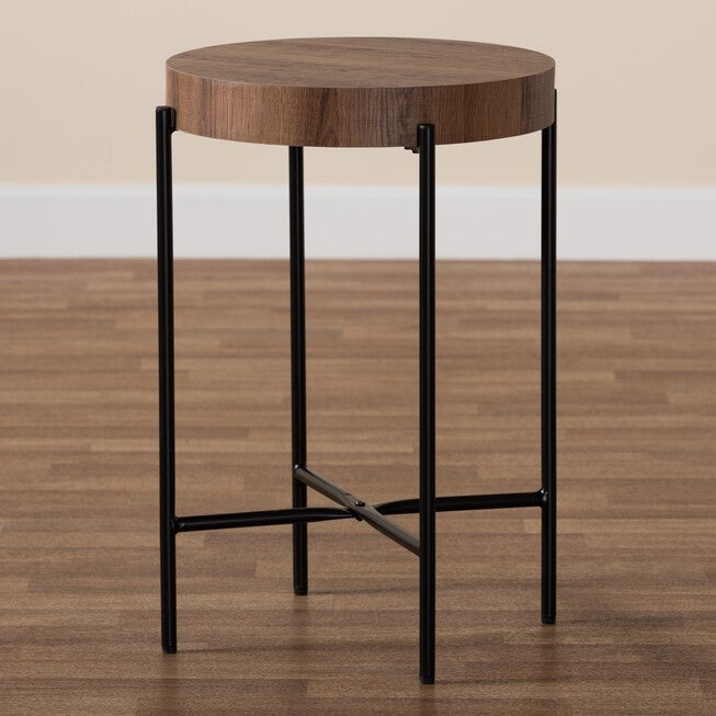 Savion Modern Industrial Walnut Brown Finished Wood And Black Metal End Table, , alternate image number null