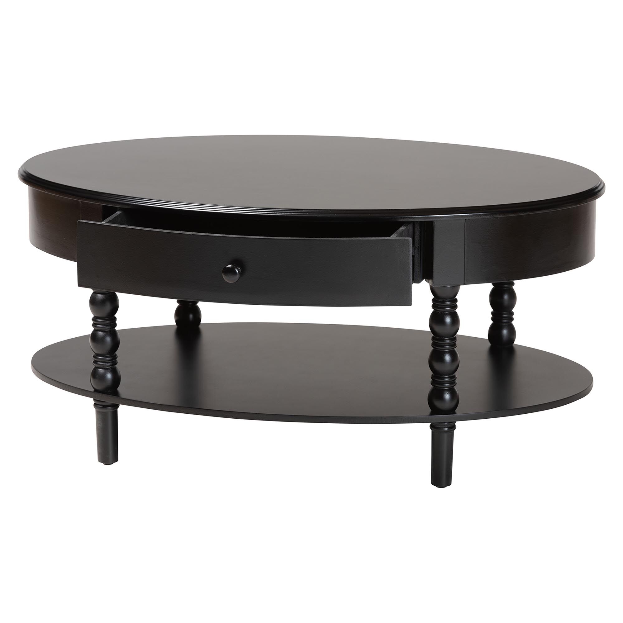 Malinda Classic Black Wood 1-Drawer Coffee Table with Spindle Legs, BLACK, alternate image number 2