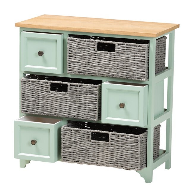 Valtina Modern And Contemporary Two-Tone Oak Brown And Mint Green Finished Wood 3-Drawer Storage Unit With Baskets, , on-hover image number 1