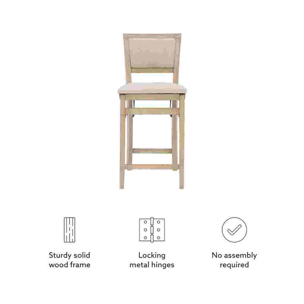 Grey wash folding counter stool with icons showing sturdy frame, locking hinges, and no assembly required