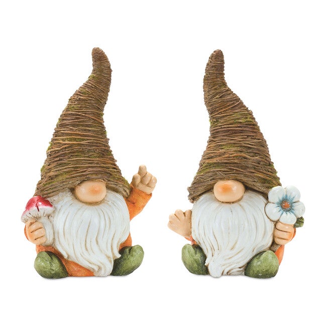 Distressed Garden Gnome Statue With Mushroom And Flower Accent (Set Of 2), BROWN, hi-res image number 0
