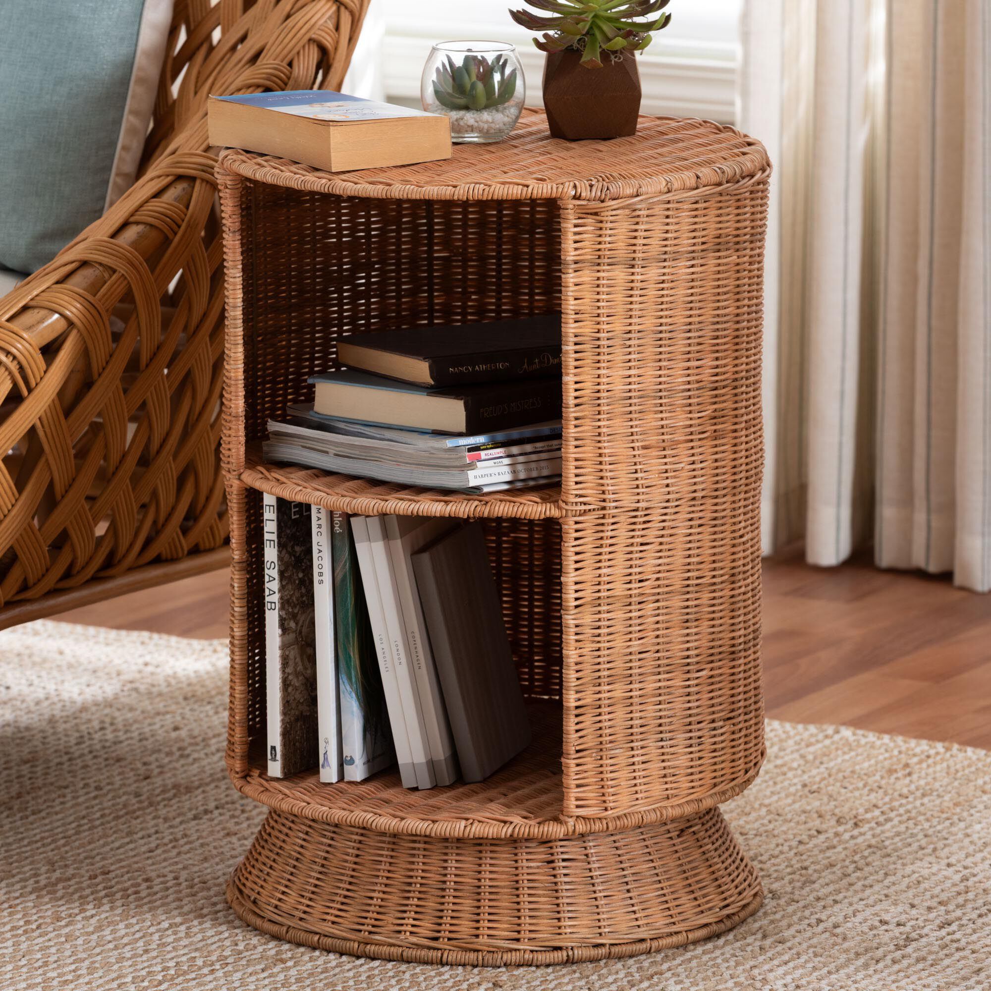 Dorielle Natural Rattan End Table with Two Shelves, HONEY, hi-res image number 0