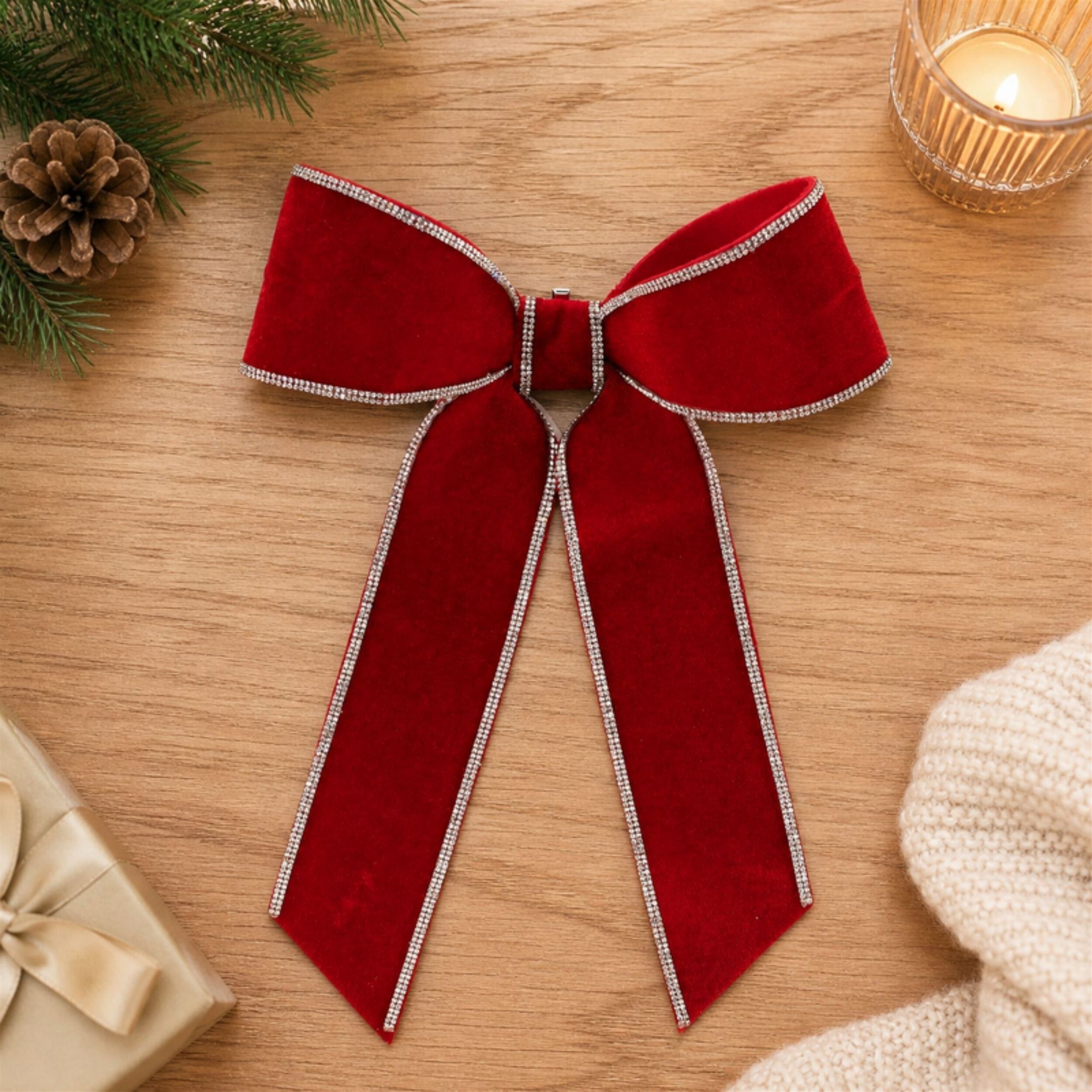 Jeweled Holiday Bow (Set of 2), RED SILVER, alternate image number 1
