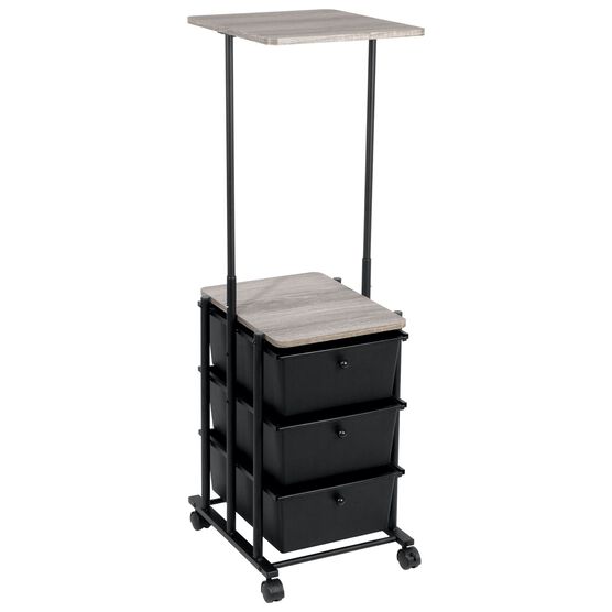 3-Drawer Cart Adjustable Height, Matte Black and Wood Grain Laminate Top, , alternate image number null