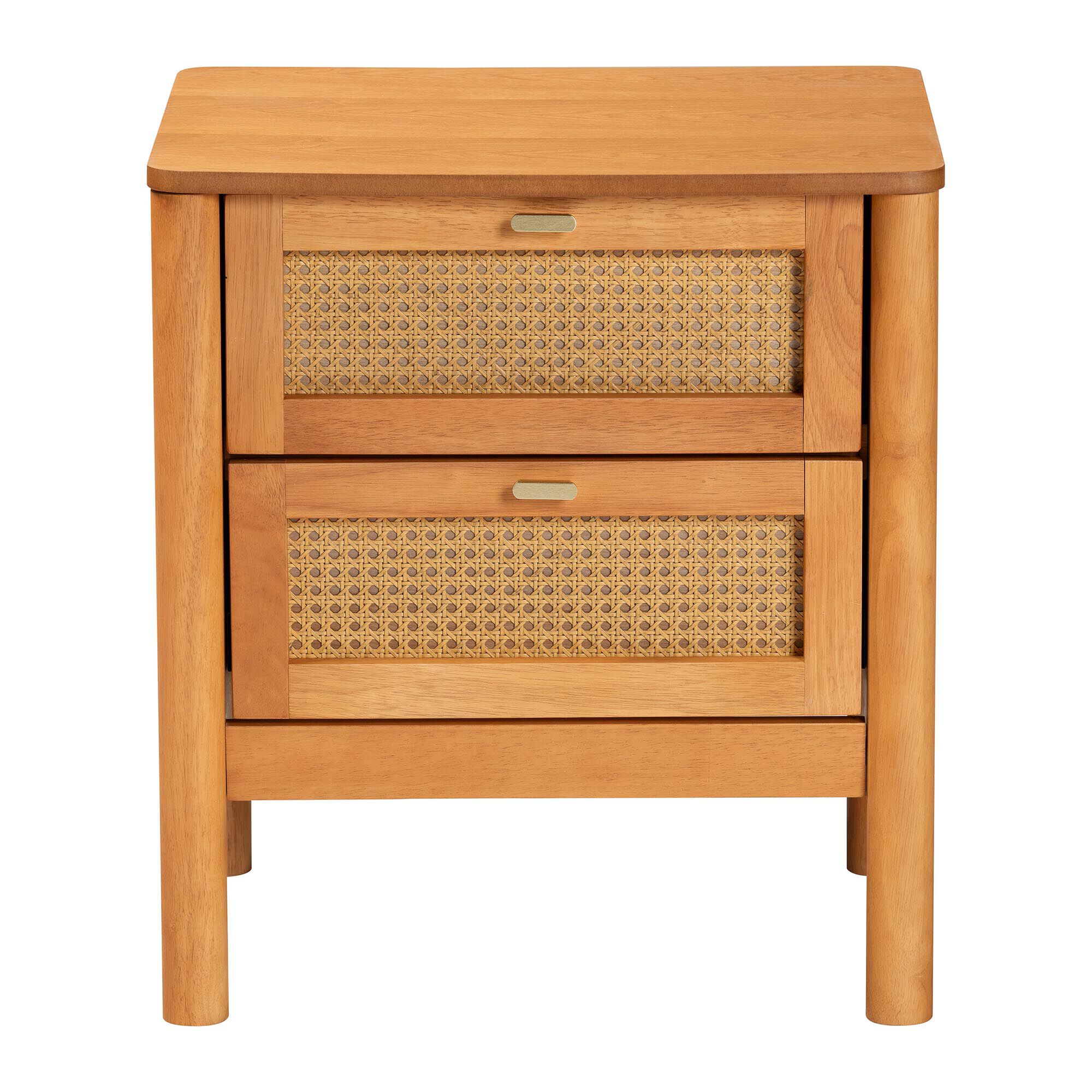 Jenn Golden Brown Wood Japandi 2-Drawer Nightstand with Distressed-Finished Rattan, BROWN, alternate image number 3
