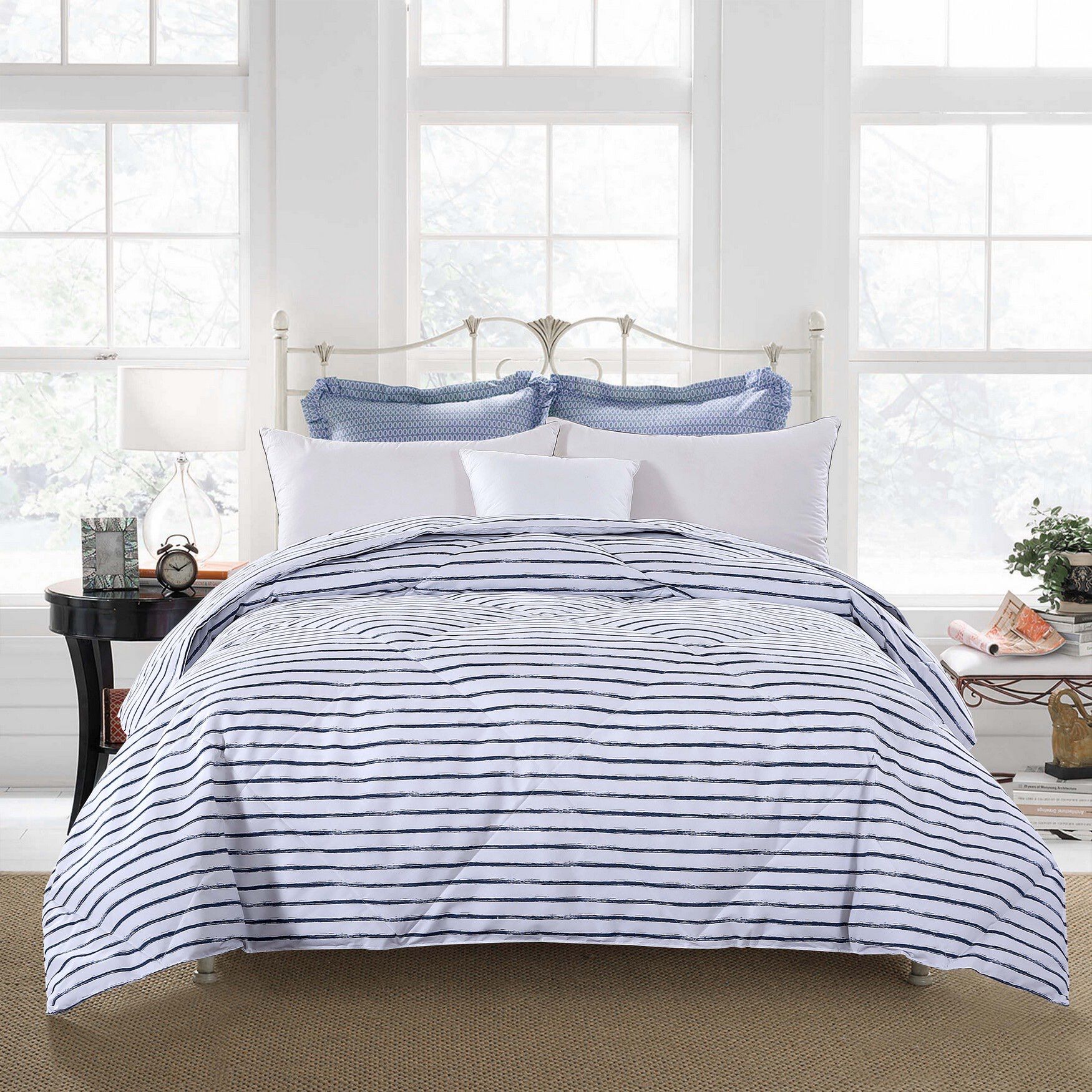 Soft Cover Nano Feather Comforter, WHITE NAVY STRIPE, hi-res image number 0