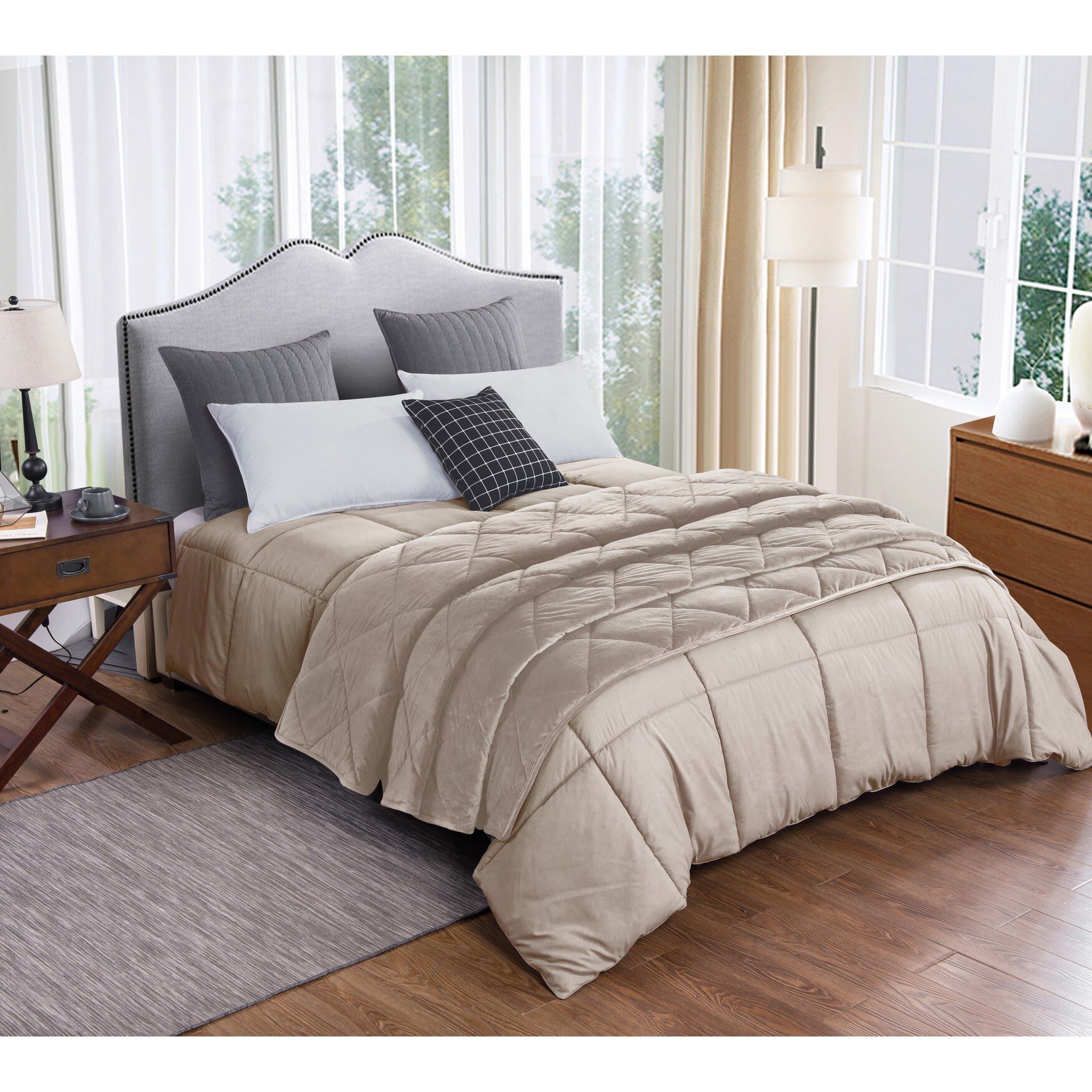 2pc Velvet Blanket & Down Alternative Comforter Set, Tan, TAN, hi-res image number 0