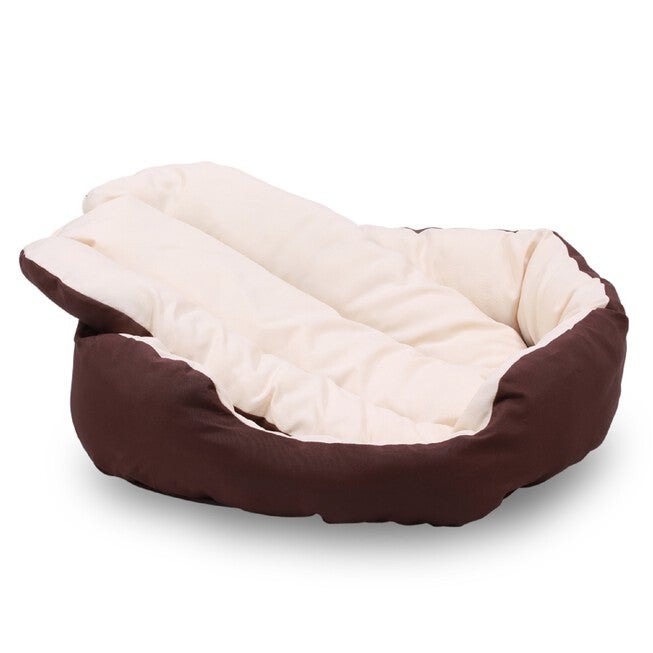 Happycare Tex Durable Bolster sleeper Oval Pet bed with removable reversible insert cushion and additional two pillow , Large 34 by 27 inches ,Brown to Beige, , alternate image number null