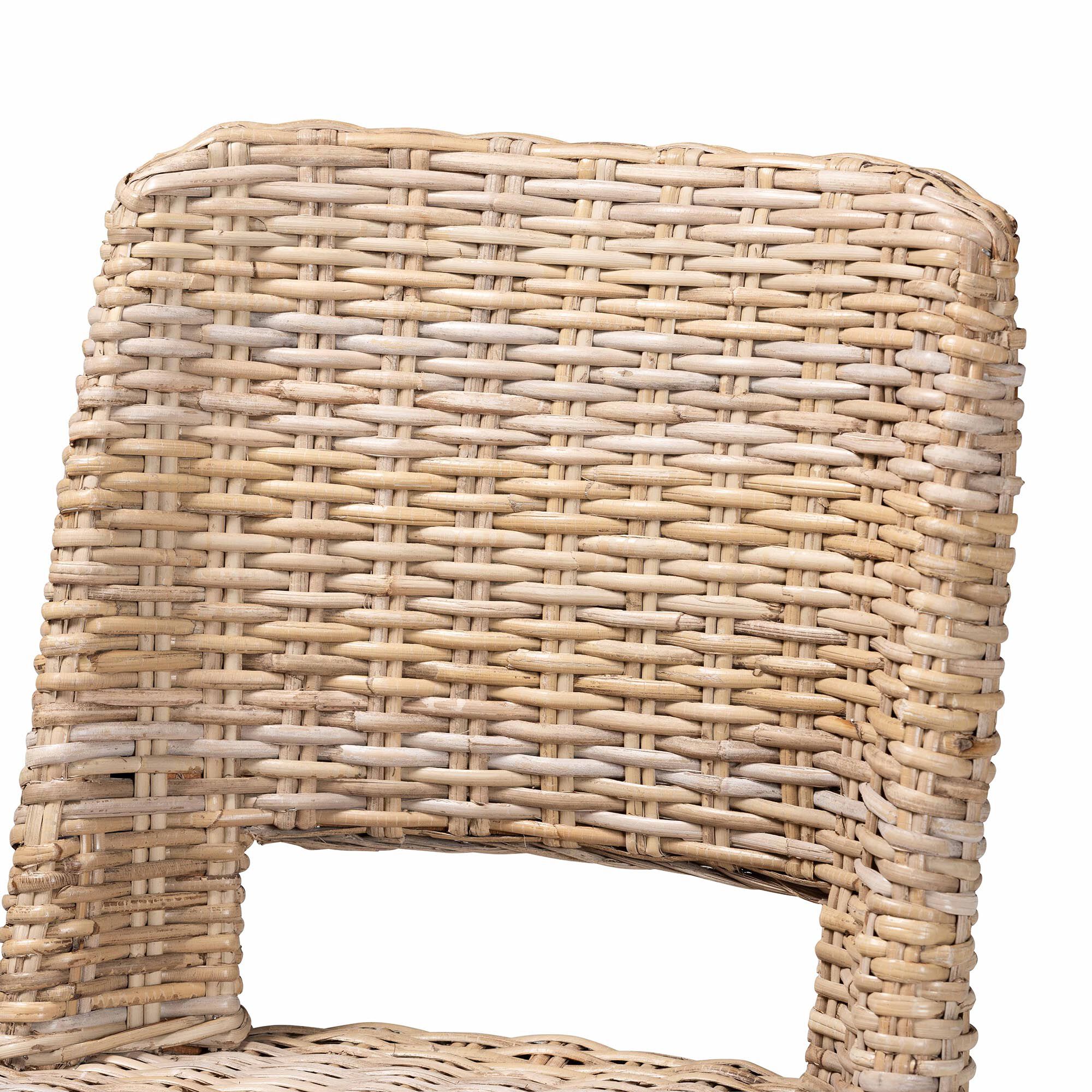 Magy Modern Bohemian Grey Kubu Rattan and Mahogany Wood Bar Stool, GREY, alternate image number 6