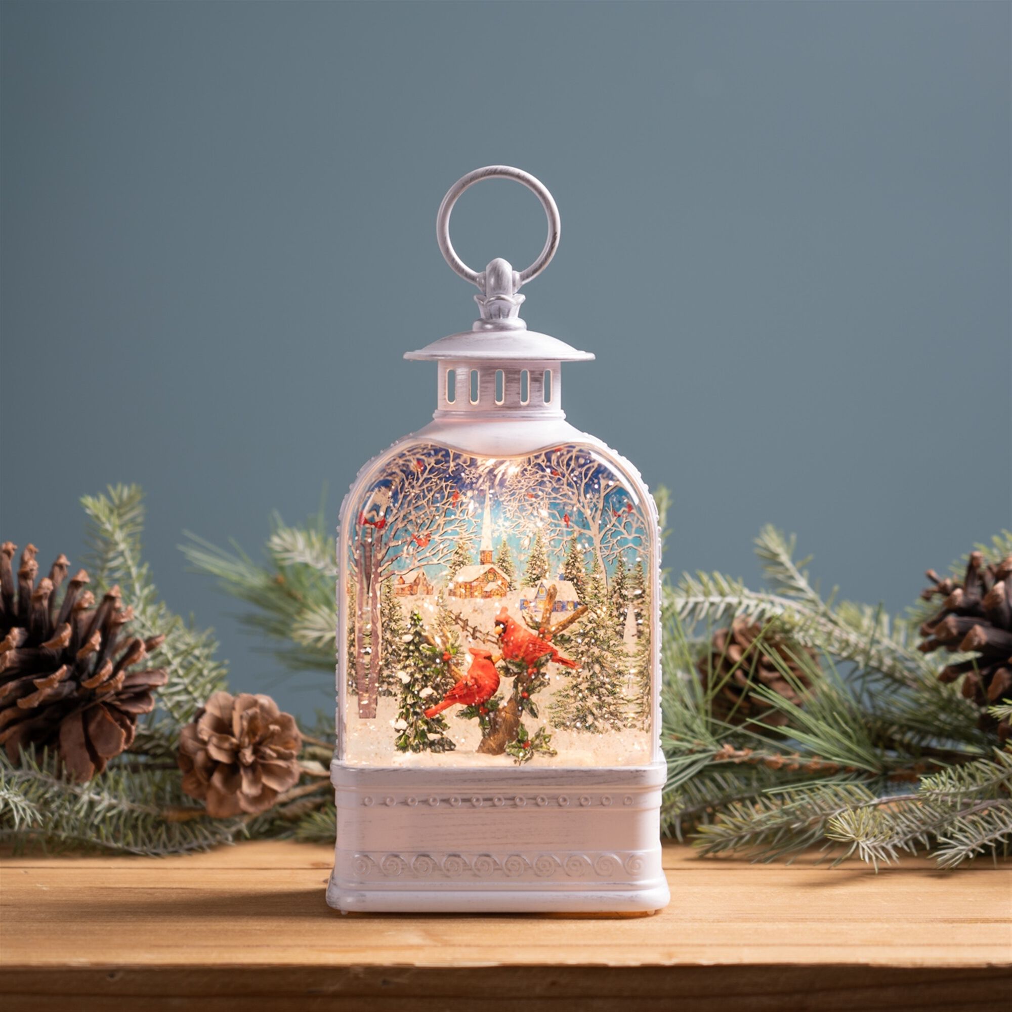 LED Snow Globe Lantern with Cardinal Forest Scene 10.5 inchesH, WHITE RED GREEN, alternate image number 3